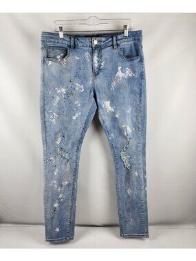 KARTER Collection Jeans Men 34 Skinny Paint Splatter Distress Blue Denim (34x32)